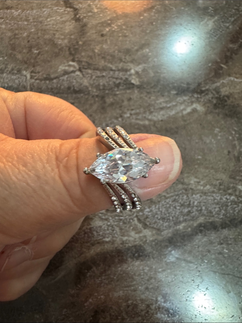 Elegant Marquise-Cut Silver Ring with Clear Center Stone